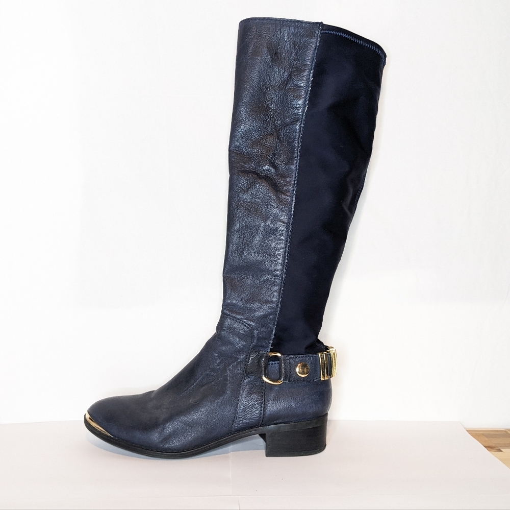 Steve Madden Ranaldow navy blue motorcycle style boots with gold detail accents